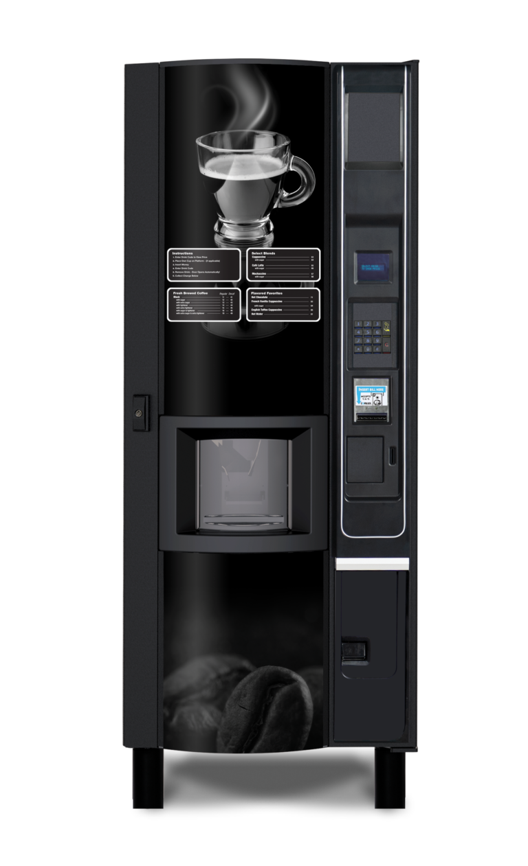 A sleek, modern coffee vending machine with a touch-screen interface offering espresso, cappuccino, latte, and hot chocolate options. It includes a payment slot and dispensing area, designed for easy use in office or public spaces
