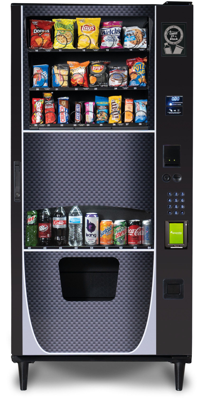 A sleek combo vending machine providing a mix of snacks and drinks, including chips, candy, sodas, and bottled water. It features a user-friendly digital interface for easy selection, with a payment slot and quick dispensing, ideal for busy environments like offices or public spaces