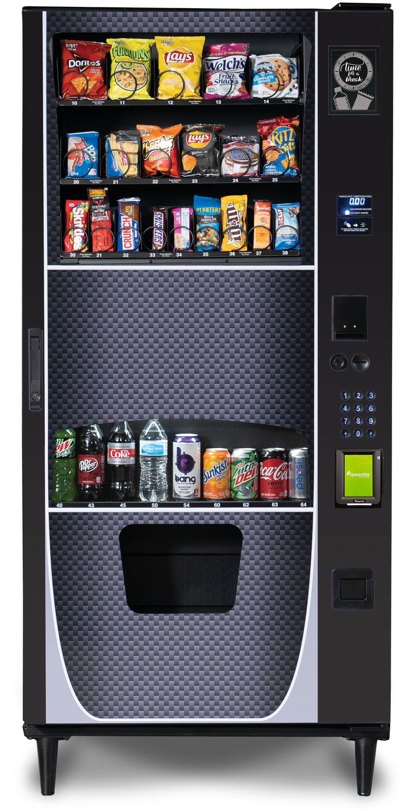 A sleek combo vending machine providing a mix of snacks and drinks, including chips, candy, sodas, and bottled water. It features a user-friendly digital interface for easy selection, with a payment slot and quick dispensing, ideal for busy environments like offices or public spaces